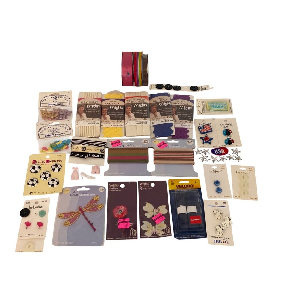 Sewing Supplies Buttons Ribbons Rick Rack Bias Tape Assorted Embellishment VTG
